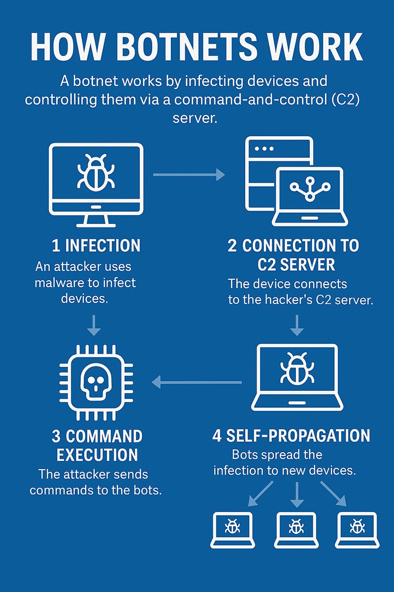 How Botnets Work An infographic that shows how a botnet infects devices and controls them via a command-and-control server.